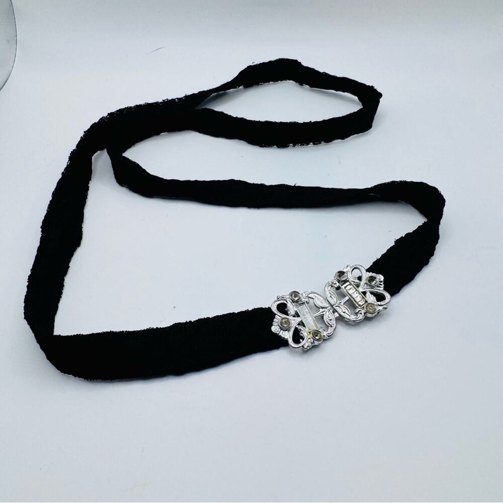 VTG WMCA Art Deco Silver Tone Belt Buckle Black Lace Belt Missing Rhinestones